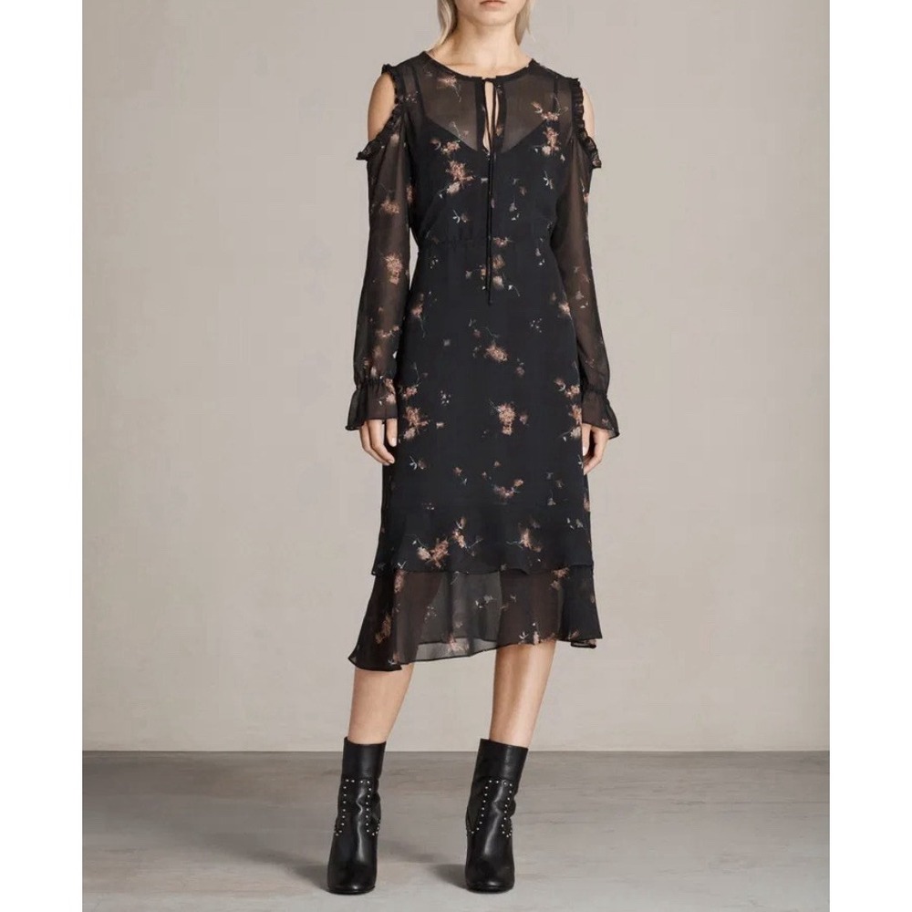 AllSaints Marissa Maize Dress Size M Black Floral Cold Shoulder Midi
